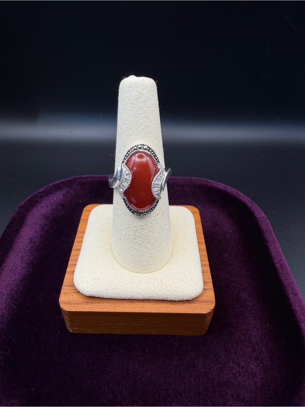 Boho Vintage Carnelian & Marcasite Silver Ring - Sz 8 Perfect for Summer